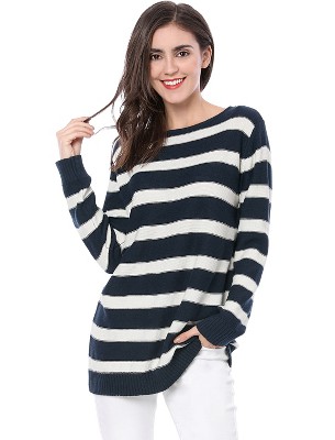 INSPIRE CHIC Women's Long Sleeves Drop Shoulder Loose Striped Sweater