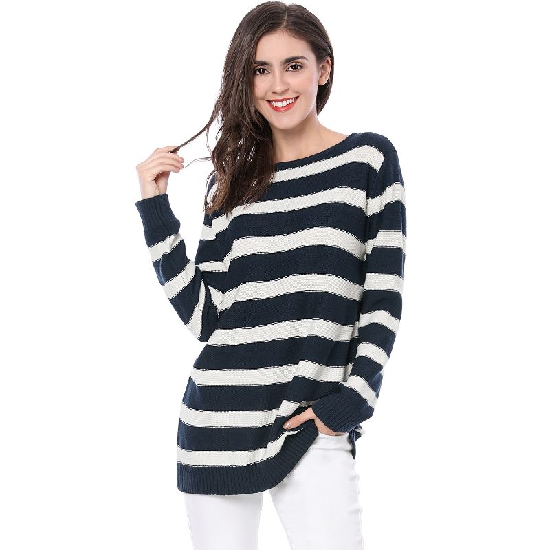 Allegra K Women's Long Sleeves Drop Shoulder Loose Striped Sweater, 1 of 8