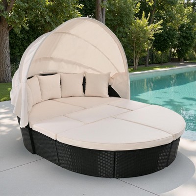 6-Pieces Outdoor Patio PE Rattan Daybed Sunbed with Retractable Canopy and Washable Cushions
