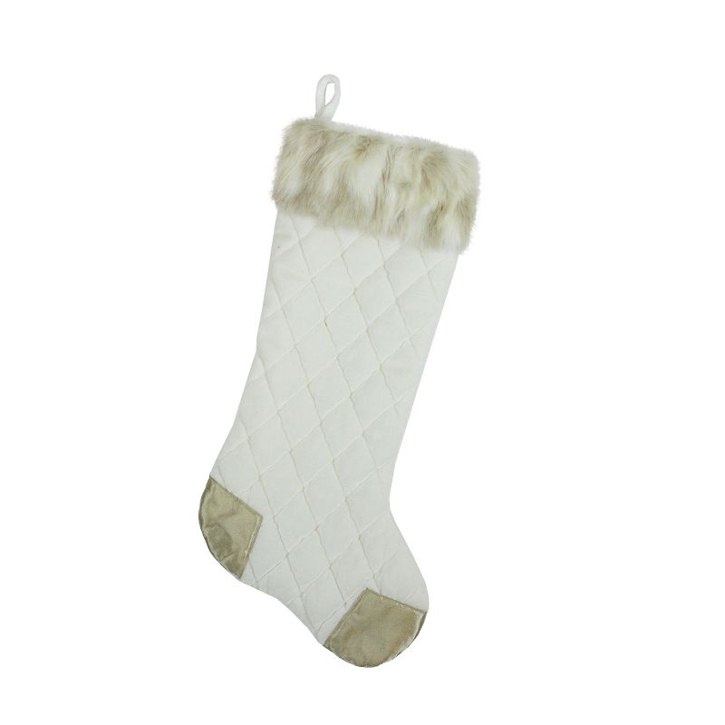 Northlight 20.5" Quilted Cream and Tan Velveteen Christmas Stocking with Faux Fur Cuff, 1 of 5