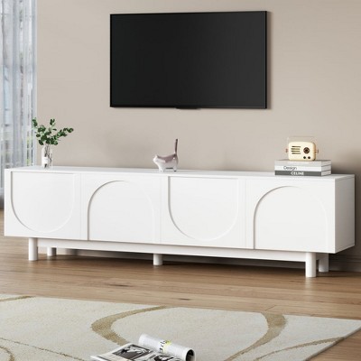 Chic Crate-78 Inch Minimalist Media Console – Graceful White TV Stand w/ Arched Cabinets & Solid Wood Legs, Adjustable Shelves