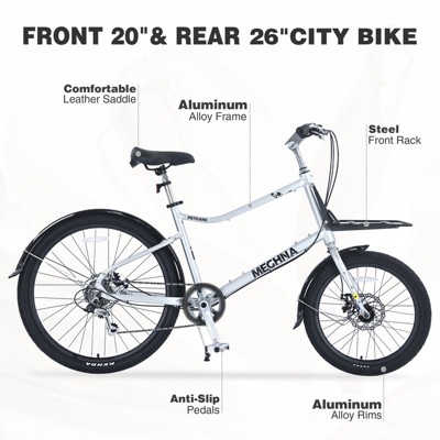 Aukfa 26 Inch Bike with Cargo Aluminum Frame Big Rear Wheel and Small Front Wheel 7 Speed Hybrid Comfort Bike