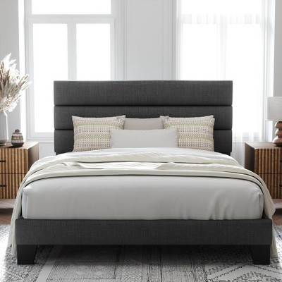 Allewie Platform Bed Frame with Fabric Upholstered Headboard and Wooden Slats Support, Fully Upholstered Mattress Foundation/No Box Spring Needed