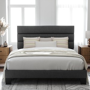 Allewie Platform Bed Frame with Fabric Upholstered Headboard and Wooden Slats Support, Fully Upholstered Mattress Foundation/No Box Spring Needed - 1 of 4