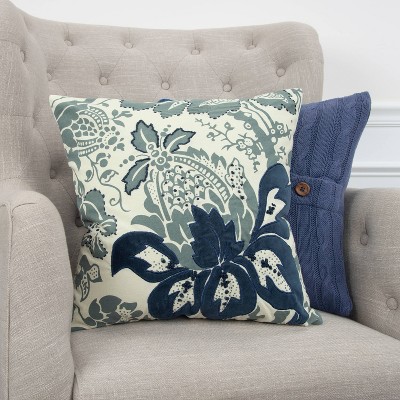 Navy and White Embroidered Cotton Floral Euro Pillow Cover