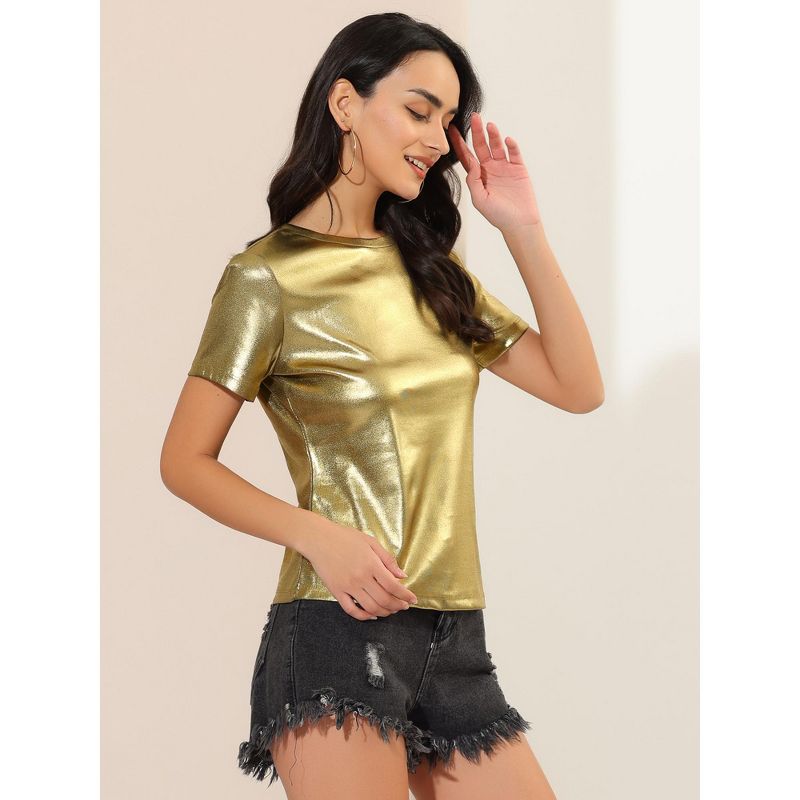 Allegra K Women's Party Metallic Textured Short Sleeve Shiny T-shirts, 5 of 8