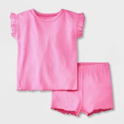 Image of Baby Girls' Ruffle Ribbed Top & Bottom Set - Cat & Jack™ Pink 3-6M
