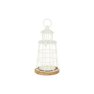 HomeRoots 12" White And Natural Metal And Wood Lighthouse Tabletop Lantern Candle Holder - 1 of 4