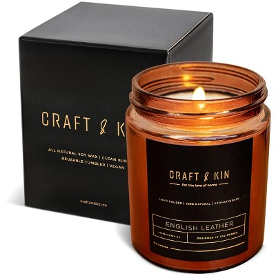 Craft & Kin Wood Wick, All-natural Soy Aromatherapy Candle In Amber Glass  Jar With English Leather Scent - 8 Oz : Target