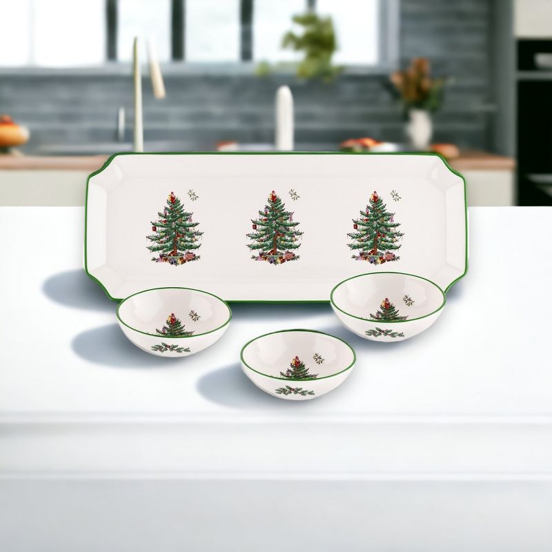 Spode Christmas Tree Rectangular Tray with Dipping Bowls, 4 Piece Dip Set Includes Tray and 3 Dip Bowls for Sauce, Nuts, Candy and Condiments, 2 of 4