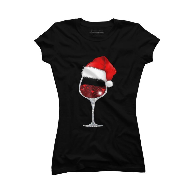 Junior's Design By Humans Wine Glass Xmas Tee Christmas Wine lovers Santa Hat Gift T-Shirt By NekoShop T-Shirt, 1 of 4