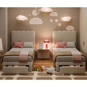 2 Sets Twin Bed Frame with Under-Bed Drawer, Upholstered Platform Bed with Wave Headboard, Wooden Slats Support, No Box Spring Needed - 1 of 4