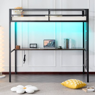 Karl Home White Twin Metal Loft Bed Frame with Wood Color Desk and LED Lights, Charging Station