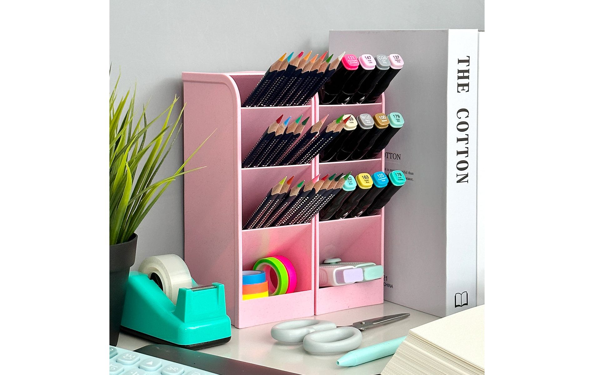Wrapables Pen Organizer with 4 Compartments Desk Storage Organizer for Home, Office, Work, Large (2pcs) / Pink