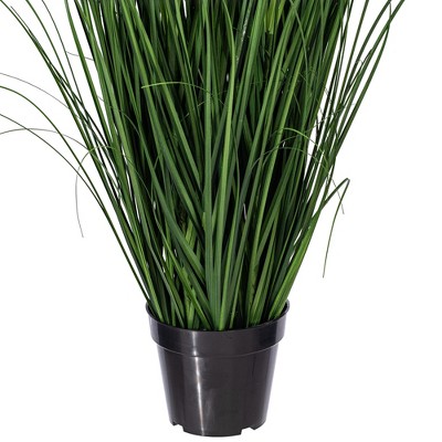 Tiny Green and Yellow Faux Grass Arrangement in Black Pot