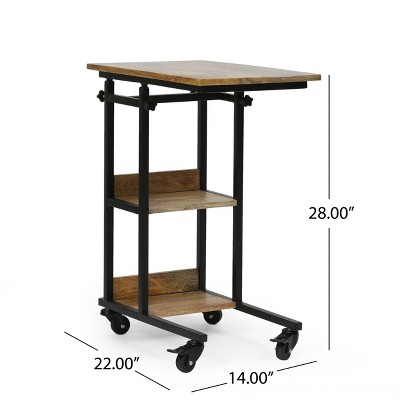 Amlin Adjustable Height Natural Mango Wood and Black Metal C-Shaped Side Table