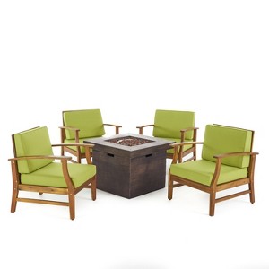 GDFStudio Easter Outdoor Acacia Wood 5 Piece Club Chair and Fire Pit Set with Cushions - 1 of 4