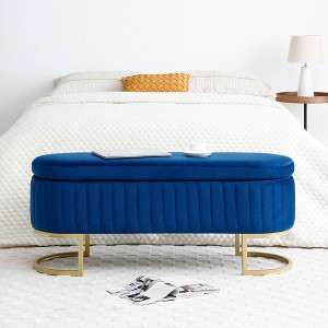 Okak 50" Oval Storage Ottoman Bench w Soft Velvet Upholstered Metal Legs Footrest Stool w Safety Hinge for Living Room, Entryway, Bedroom, Blue - 1 of 4