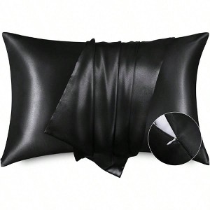 Black Satin Pillowcase 2 Pack, 20x26 Inches, Zipper, Silky Soft, Gift for Women Men - 1 of 4