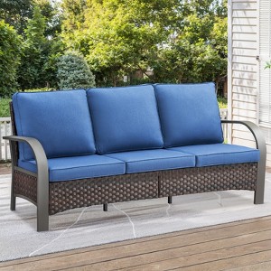 Buenhomino High Back Outdoor Wicker Patio Sofa, All Weather Wicker Furniture 3-Seater Sofa Patio Couch for Porch - 1 of 4