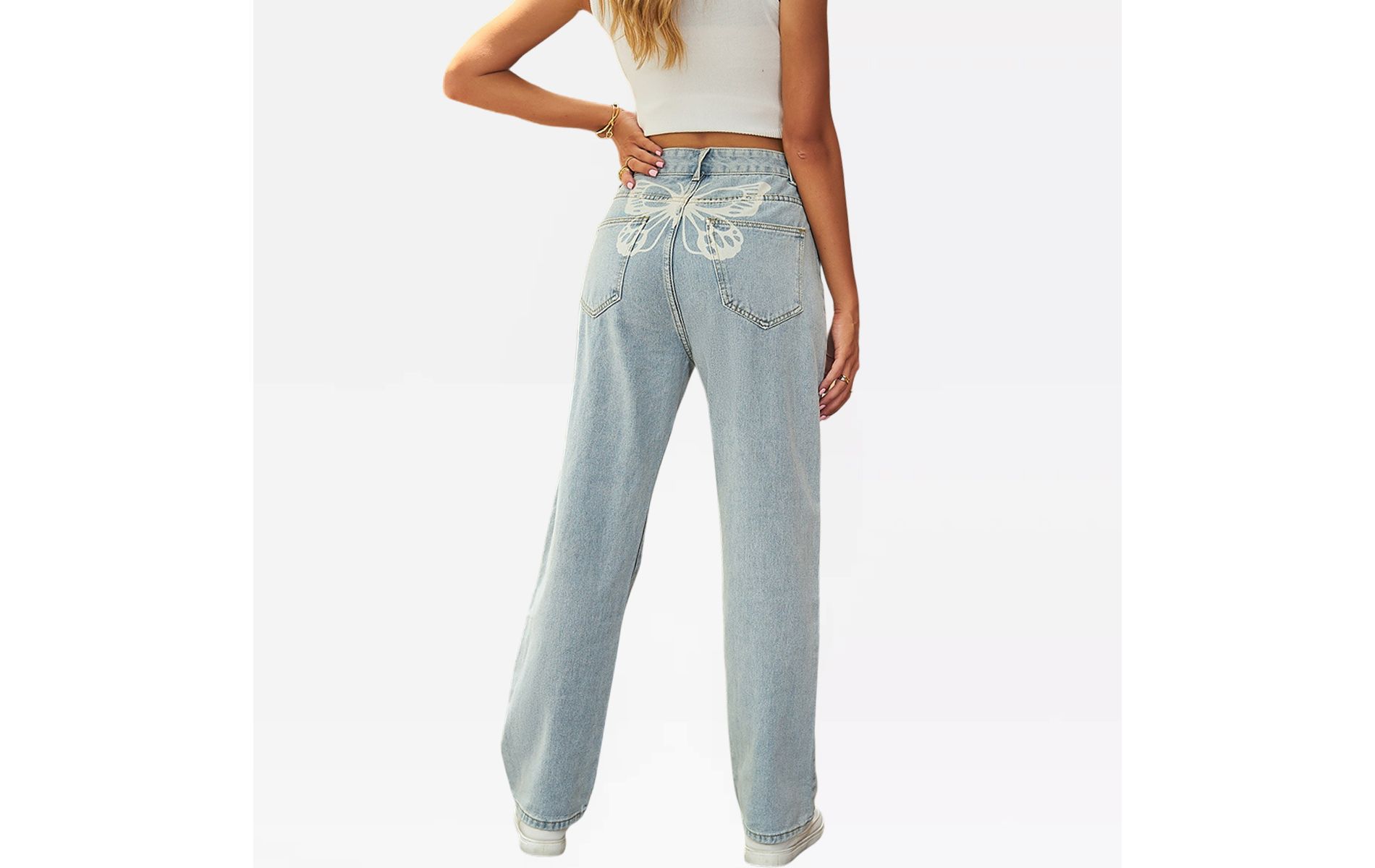 Straight Leg Jeans for Women High Waist Denim Pants Back Butterfly Print Casual Denim Pants Baggy Trousers Cowgirl Chic Outfits