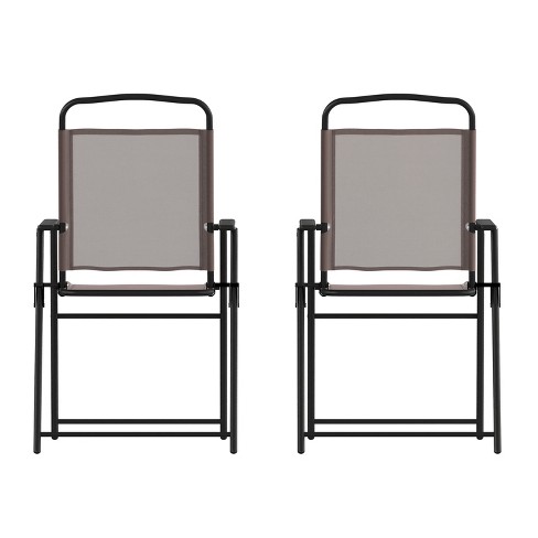 Emma and Oliver Set of 2 Brown Textilene Folding Sling Style Patio Chairs with Armrests