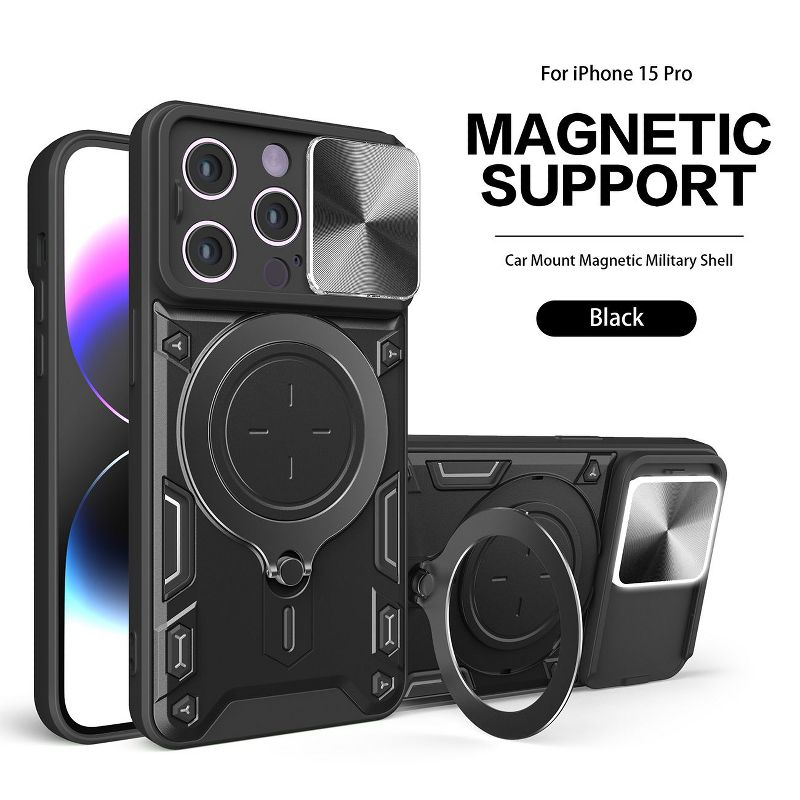 Reiko TPU PC Shockproof Magnetic Phone Case with Free Adjustment Ring Holder for IPHONE 15 PRO in Black, 1 of 2