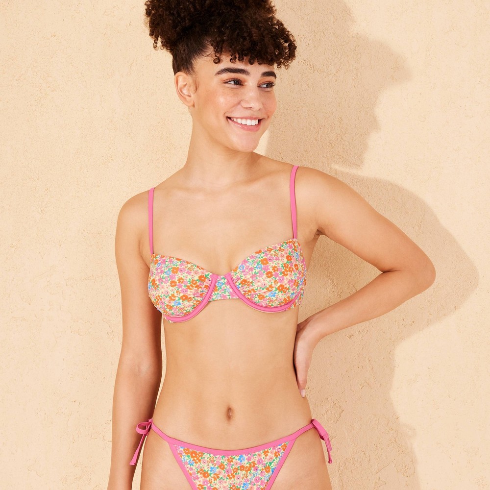 Women's Contrast Binding Underwire Bikini Top - Wild Fable™ Pink Floral Print XXS: Adjustable Strap, Removable Cup