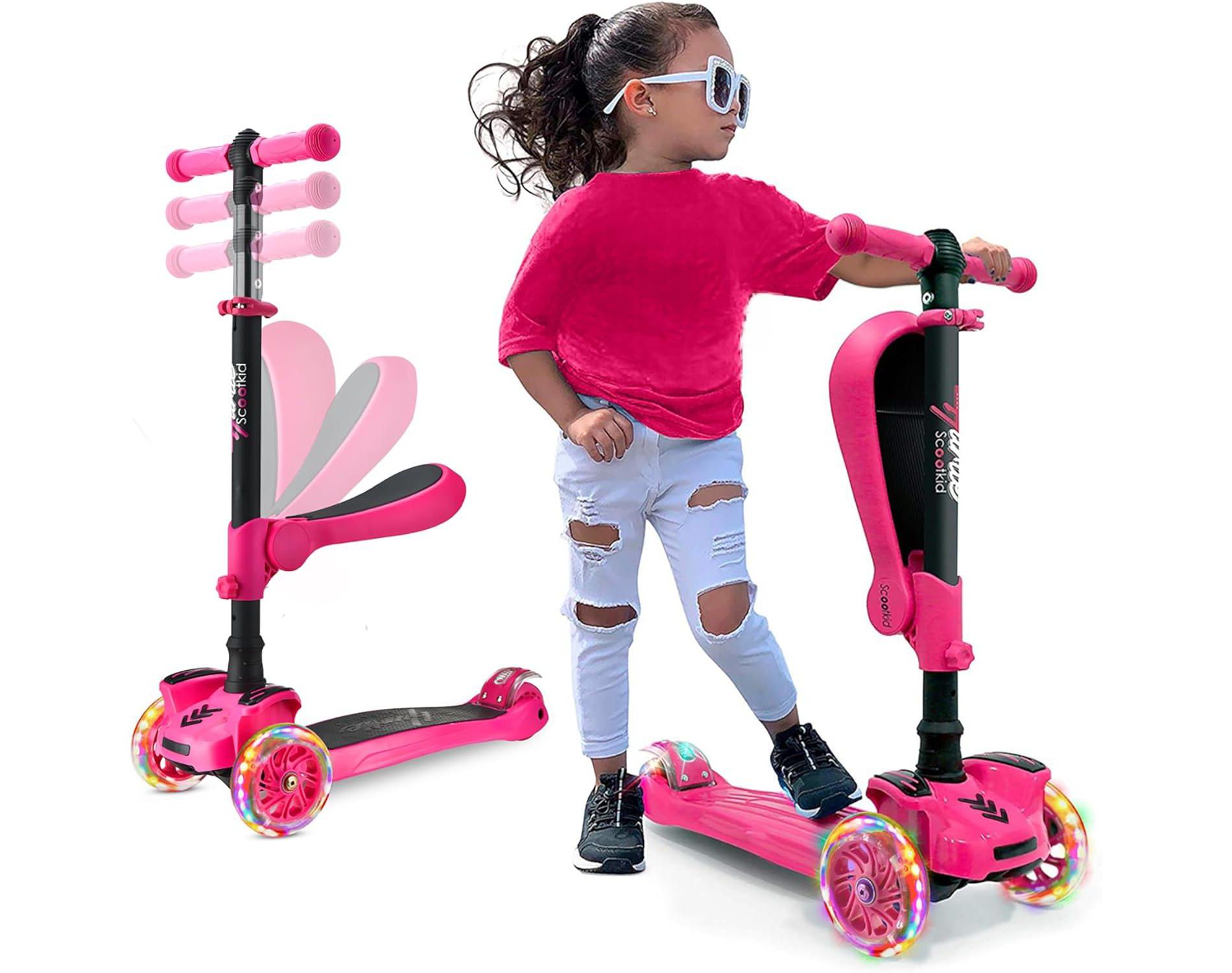 Hurtle 3-Wheeled Scooter for Kids - Wheel LED Lights - Pink