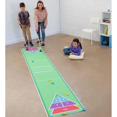 HearthSong Shuffle Zone Shuffleboard Family Game with 13' Geen Oxford Fabric Mat and 8 Rolling Pucks for Kids