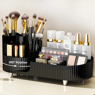 Makeup Organizer, Rotating Makeup Organizer for Vanity with Brush Holder, Cosmetic Organizer, Large Spinning Makeup Skincare Organizer, Black