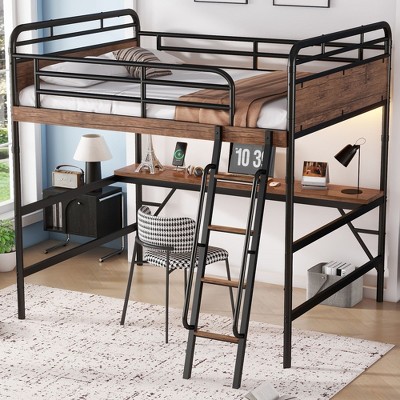 Full Size Metal Loft Bed with Desk Metal Loft Bed with LED Light and Charge Station Black
