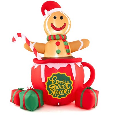 Gymax 7-Foot Inflatable Christmas Decoration Featuring a Pre-Lit Gingerbread Man in a Mug with Presents
