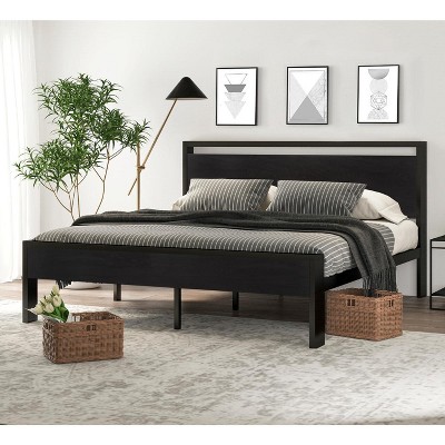King Size Metal Platform Bed Frame with Wooden Headboard and Footboard, Mattress Foundation, No Box Spring Needed