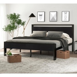 King Size Metal Platform Bed Frame with Wooden Headboard and Footboard, Mattress Foundation, No Box Spring Needed - 1 of 4
