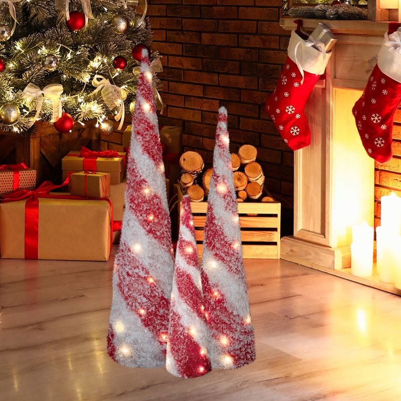 Northlight Set of 3 LED Lighted Snowy Candy Cane Striped Christmas Cone Trees 3.25', 2 of 7