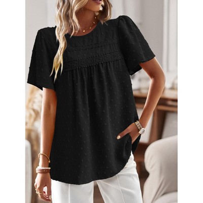 Summer Short Sleeve Smock Tops Tiny Embroidered Blouse Lightweight Crochet Breathable T-Shirts for Women Round Neck Lantern Sleeve Casual Tops