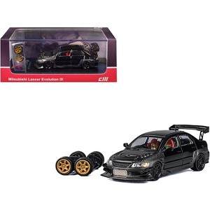 Mitsubishi Lancer Evolution IX RHD (Right Hand Drive) Black and Carbon with Extra Wheels 1/64 Diecast Model Car by CM Model - 1 of 4