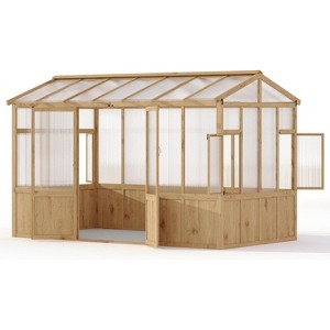 8x12 FT Wooden Greenhouse, Walk-In Garden Greenhouse with Polycarbonate Panels, Lockable Door & Ventilation Window for Backyard, Heavy Duty - 1 of 4