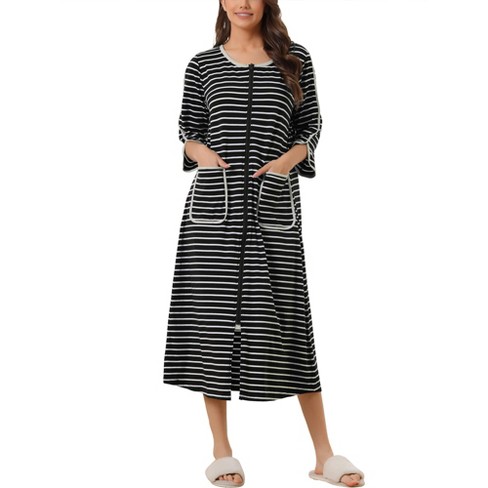 Cheibear Women's Zip Front Robe 3/4 Sleeve Striped Long Bathrobe Dress ...