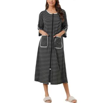 cheibear Women's Zip Front Robe 3/4 Sleeve Striped Long Bathrobe Dress Pajama