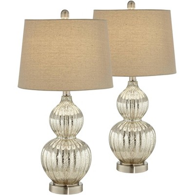 Regency Hill Table Lamps 25" High Set of 2 Fluted Mercury Glass Double Gourd Drum Shade for Living Room Family Bedroom Bedside