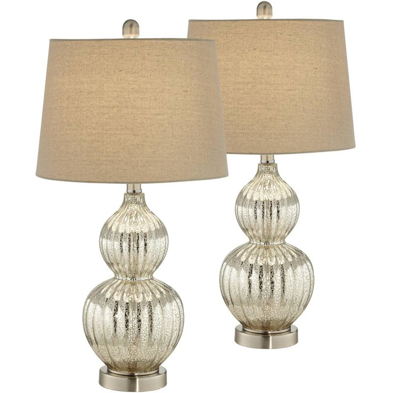 Regency Hill Lili Country Cottage Table Lamps 25" High Set of 2 Fluted Mercury Glass Double Gourd Beige Drum Shade for Bedroom Living Room Bedside, 1 of 9