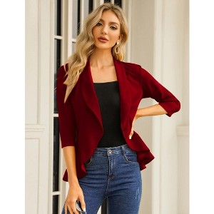 Womens Casual Blazer 3/4 Sleeve Open Front Ruffle Work Office Cardigan Suit Jacket - 1 of 4