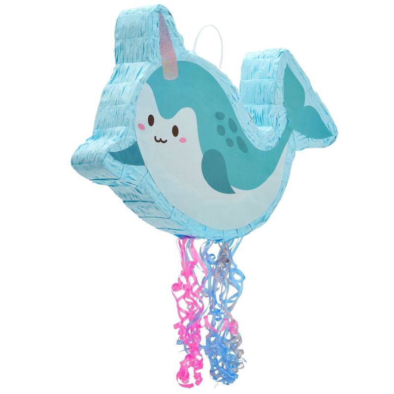 Blue Panda Pull String Narwhal Pinata for Kids Birthday Party Supplies, Under the Sea Party Decorations (Small, 16.5 x 12.3 In), 4 of 9