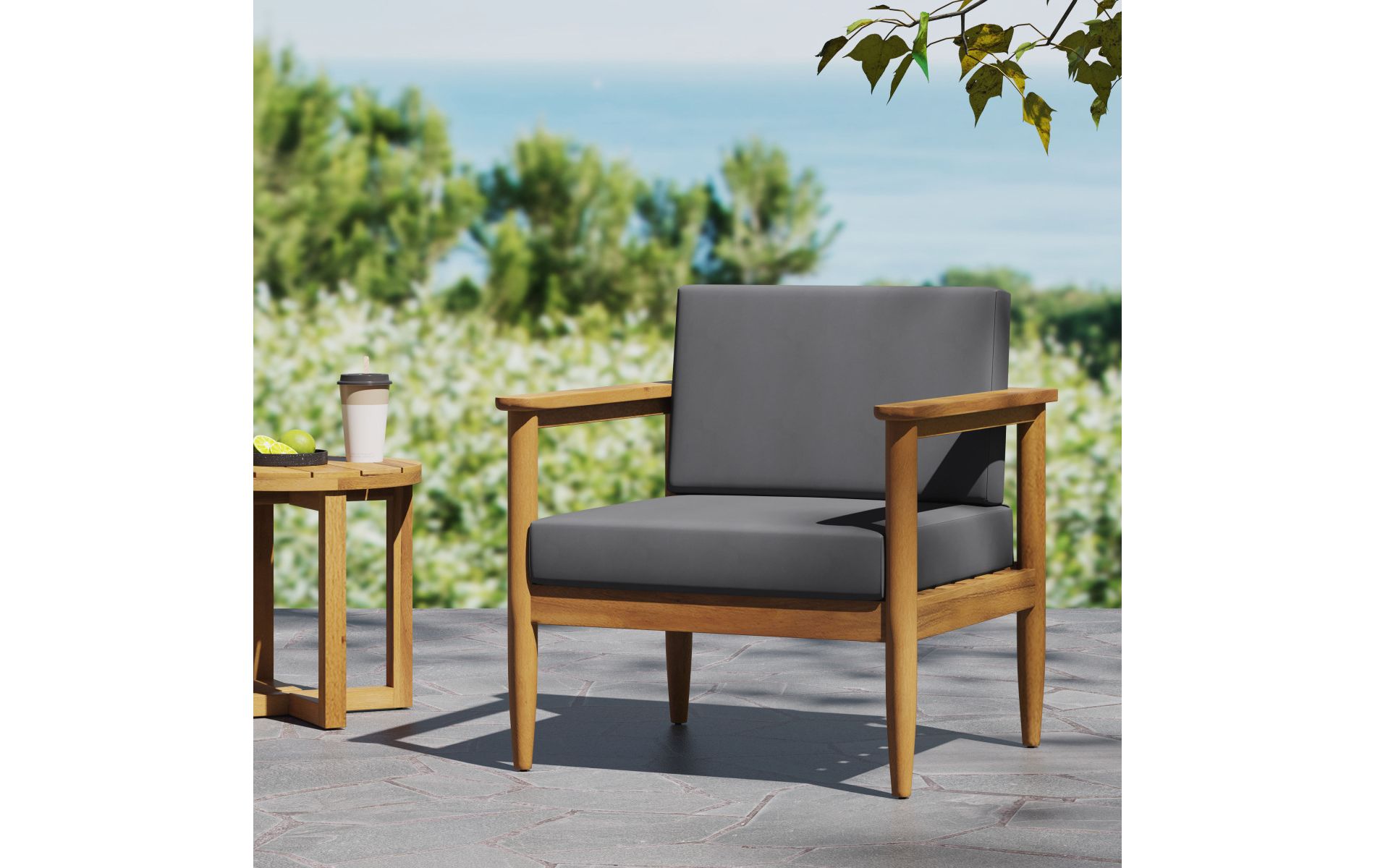 Acacia Wood Outdoor Club Chair, 29"W Patio Lounge Seating with Water-Resistant Gray Cushion & Open Slat Design-3irtyhousy
