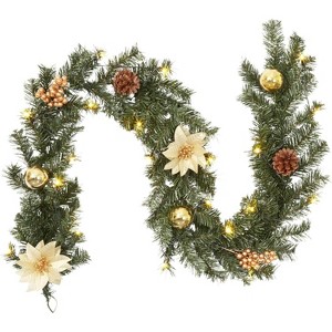 GAOMON Christmas Garland with Lights, 6Ft Battery Operated Garland Christmas Decorations with Poinsettias Ball Ornaments - 1 of 4