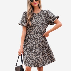Amaryllis Women’s Leopard Print Puff Short Sleeve Crew Neck Tiered Mini Dress Relaxed Fit - 1 of 4