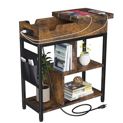 End Table with Charging Station, Flip Top Narrow Side Table Nightstand with Outlets USB Ports and Storage, Bedside Table for Small Space