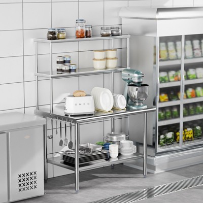ROVSUN All Stainless Steel Table with Overshelves 48" X 30",Heavy Duty Pre Table with Adjustable Undershelf for Kitchen Restaurant Hotel